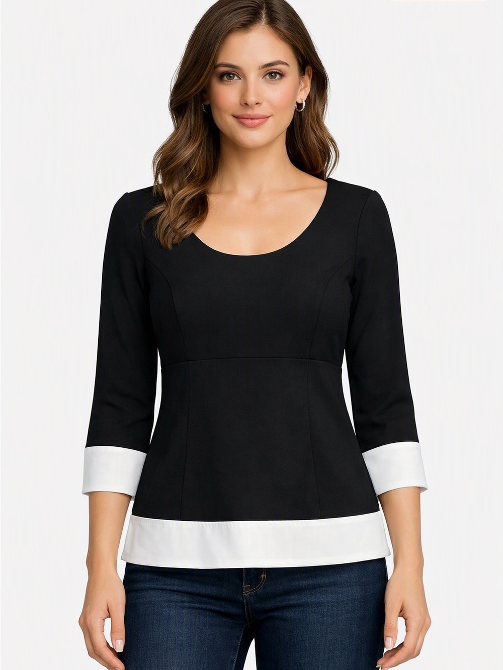 Boston Proper BLACK Structured Blouse White Cuffs & Hem 3/4 Sleeves Size 6 Top